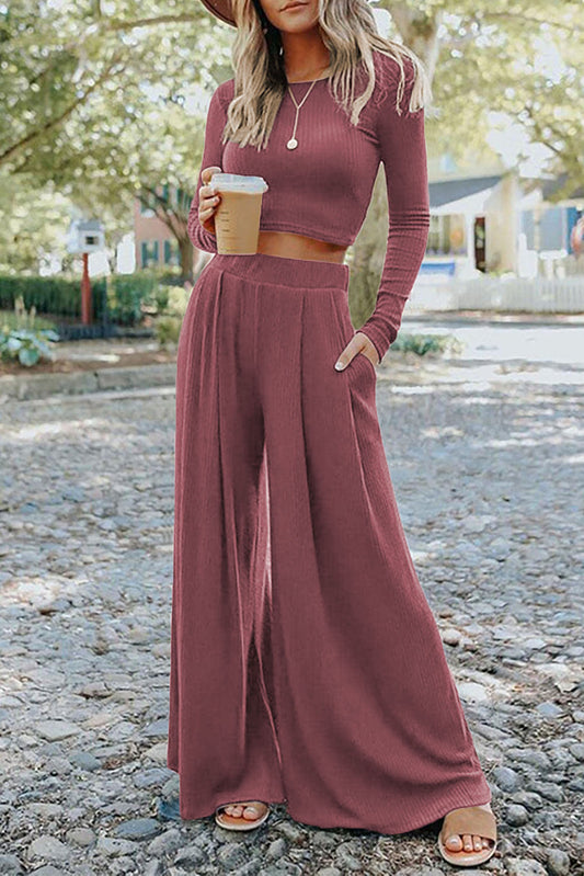 Pink Plain Ribbed Crop Top & Wide Leg Pants Two Piece Pants Set