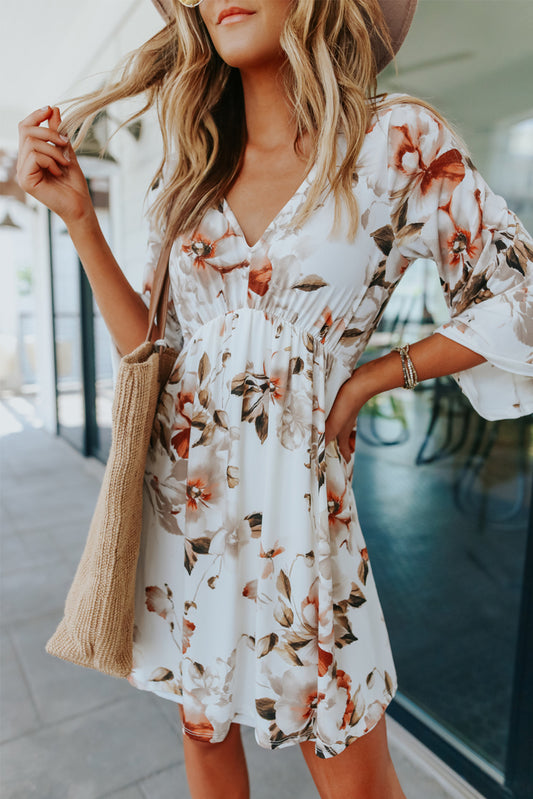 Floral Print V Neck Flutter Half Sleeve Empire Waist Dress