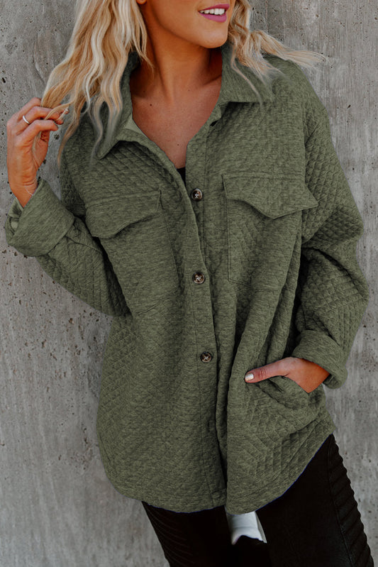 Green Lattice Texture Pockets Button Up Shacket