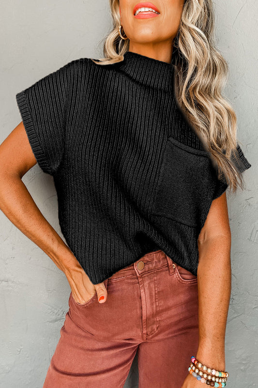 Oatmeal Patch Pocket Ribbed Knit Short Sleeve Top