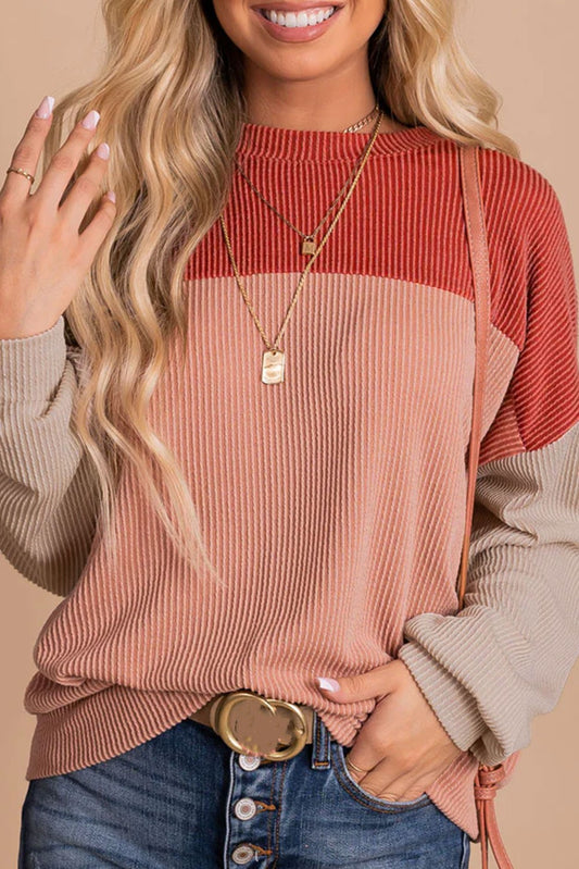 Red Color Block Cording Loose Long Sleeve Top