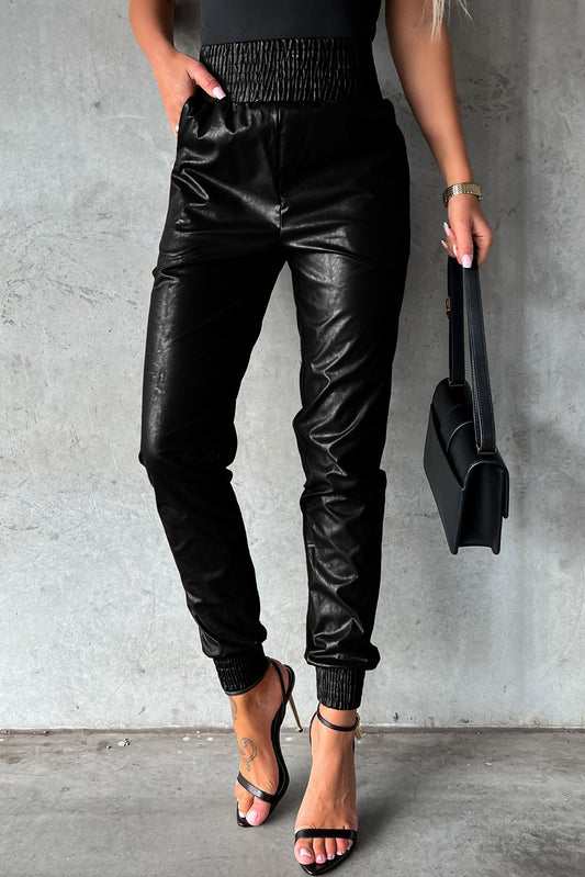 Black Smocked High Waist Leather Skinny Joggers