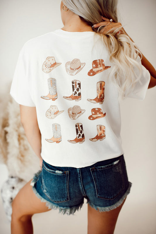 White Double-Side Cowboy Hat & Boots Tee