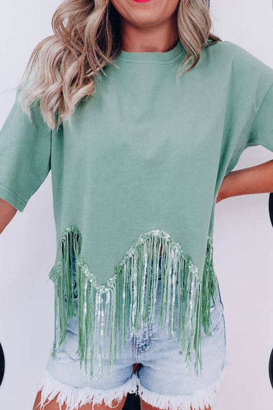 Moonlight Jade Fringed Sequin Crop Top