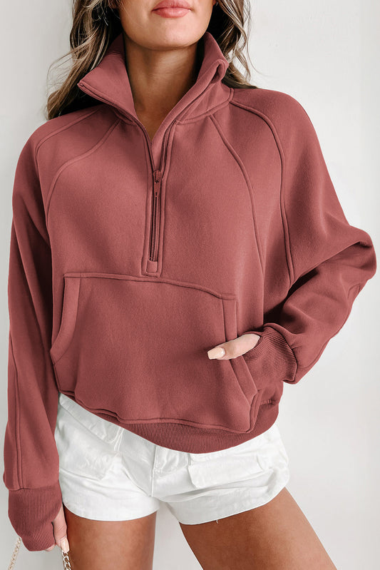 Brown Zip Up Stand Collar Sleeve Sweatshirt