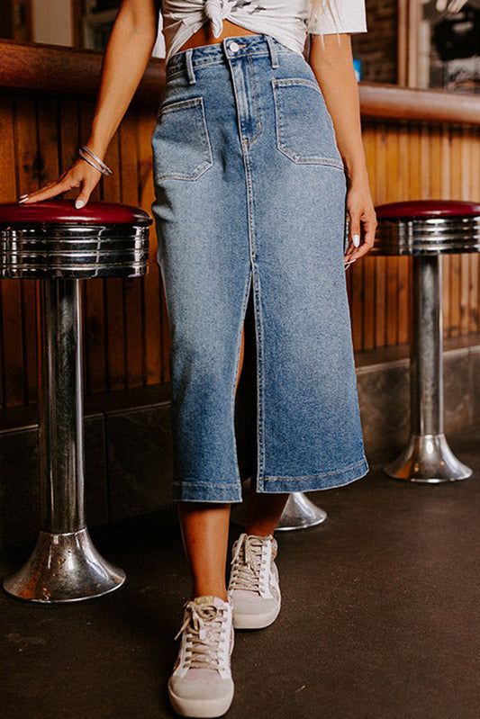 Sky Blue Patch Pockets Front Slit Midi Denim Skirt