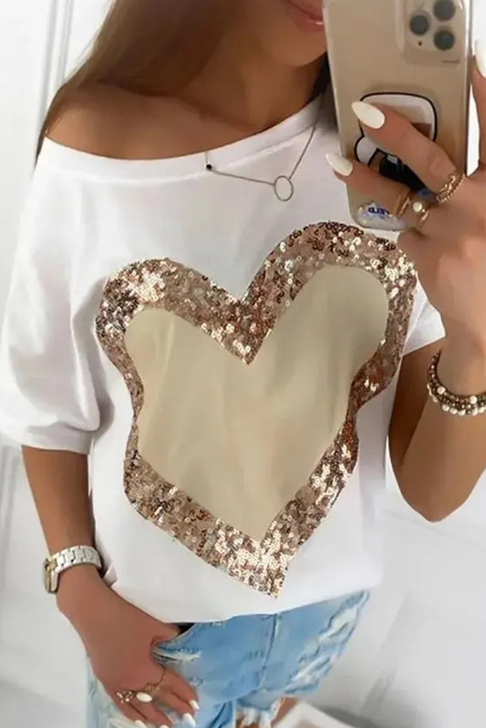 Sequin Heart Shape Graphic T Shirt