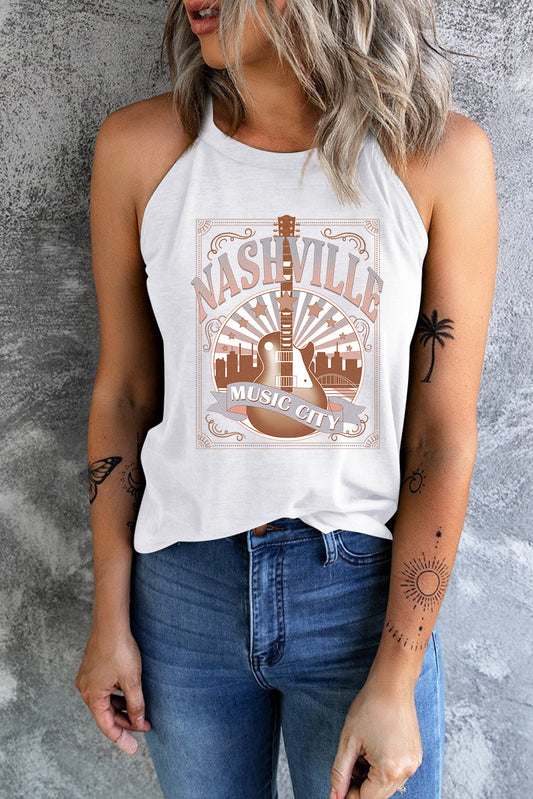 White NASHVILLE MUSIC CITY Guitar Graphic Tank