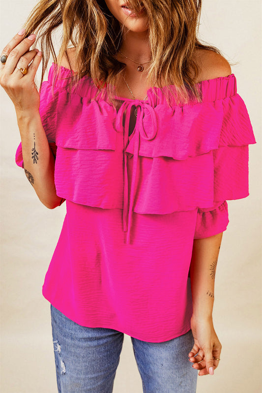 Rosy Lace Up Off The Shoulder Casual Ruffle Tiered Blouse -