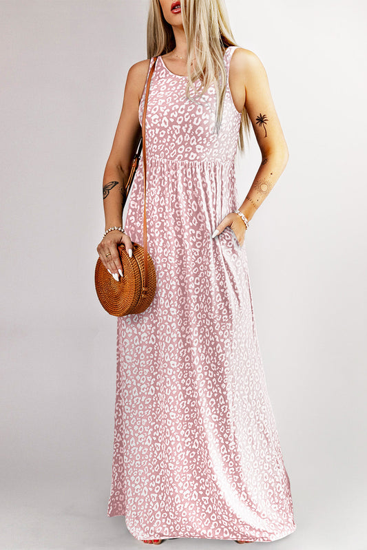 Sleeveless Leopard Print Dress with Pockets - Pink / S /