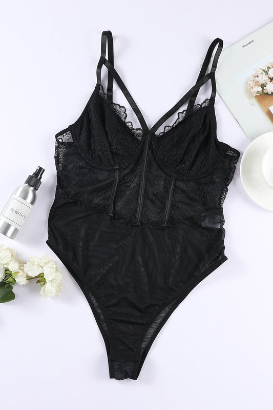 Spaghetti Straps Lace Panel Bodysuit - Black / S /