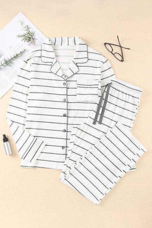 Striped Print Long Sleeve Top & Drawstring Pants Pajamas Set