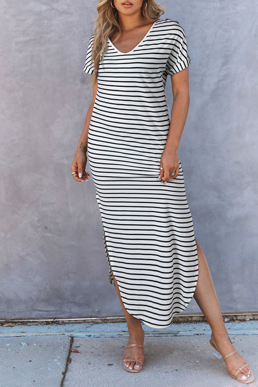 Striped Print Side Split Short Sleeve V Neck Maxi Dress -