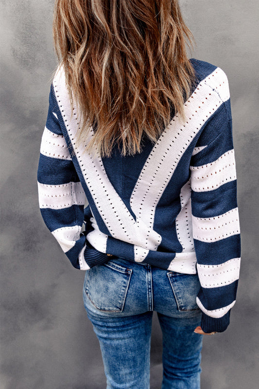 White Striped Colorblock V Neck Knit Sweater - Sweaters